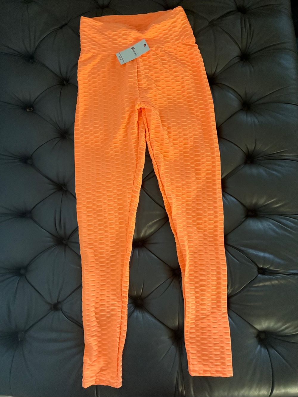 High-Waist Textured Leggings in Bright Orange - Unbranded